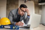Focused architect holding his head, sights and looking at laptop. Something got wrong.